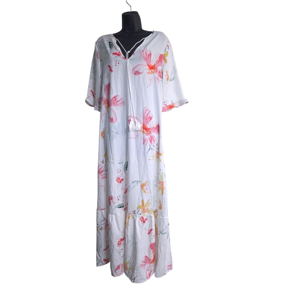 Noracora Floral Maxi Dress Womens Medium White Pink Tassel V-Neck Tiered Ruffle